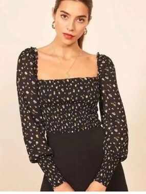 Reformation Black Floral Smocked Square-Neck Blouse